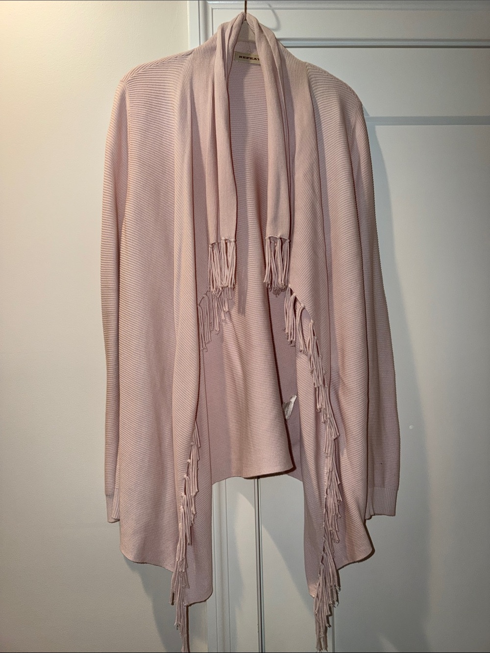 REPEAT Light Pink Open-Front Fringe Sweater Cardigan
